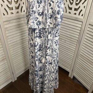 Tie-Waist Blue and White Floral Maxi Dress